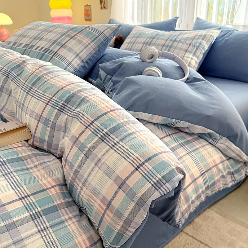 Washed Cotton Bedding Set Checkered Stripe Printed Bed Sheet Sets Single/Queen/King Soft Bed Cover Double Set Bedding 이불세트