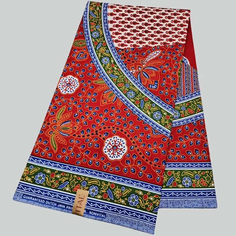 Tissu africain Batik en coton imprimé rouge bleu Java, pour robe, vêtements, coussins Turban, tissu ciré, 46 pouces de large, 6Yards de Long, R2960