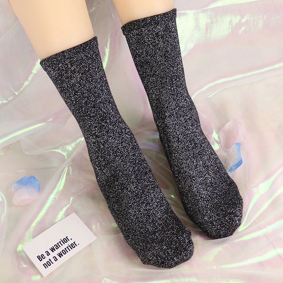 Candy Color Glitter Socks For Women Filigree Cotton Loose Socks Shiny Stockings Female Fashion Harajuku Bright Silver Silk Socks