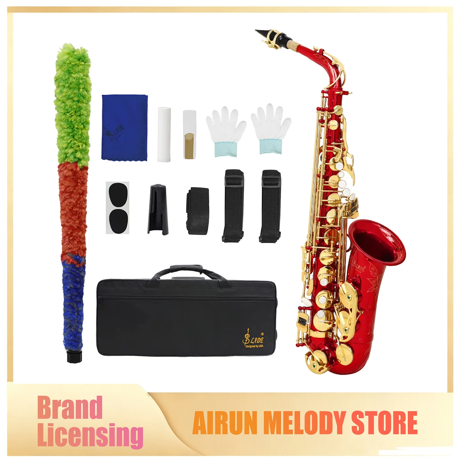 SLADE Alto Saxophone Eb Brass Tube Saxophone Carved Button Red Saxophone with Whistle Tip Suitable for Beginners&Performers