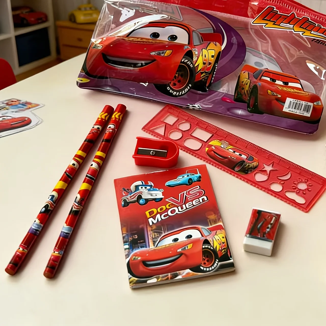 7Pcs Cars Lightning McQueen Stationery Set with Pencil Case, Notebook, Ruler, 2Pencils, Sharpener & Eraser view 4