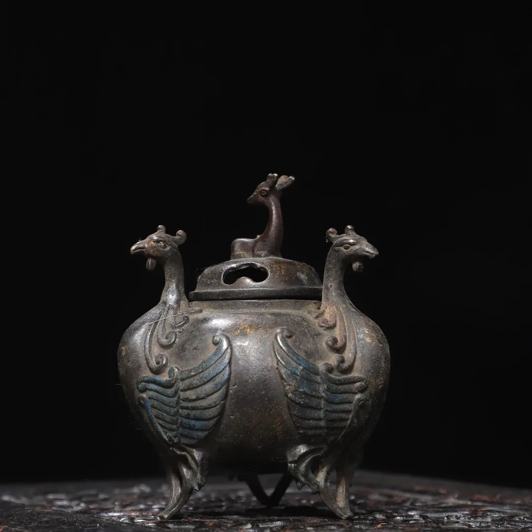 Old copper Qing Dyansty copper three birds censer Statue, Free shipping
