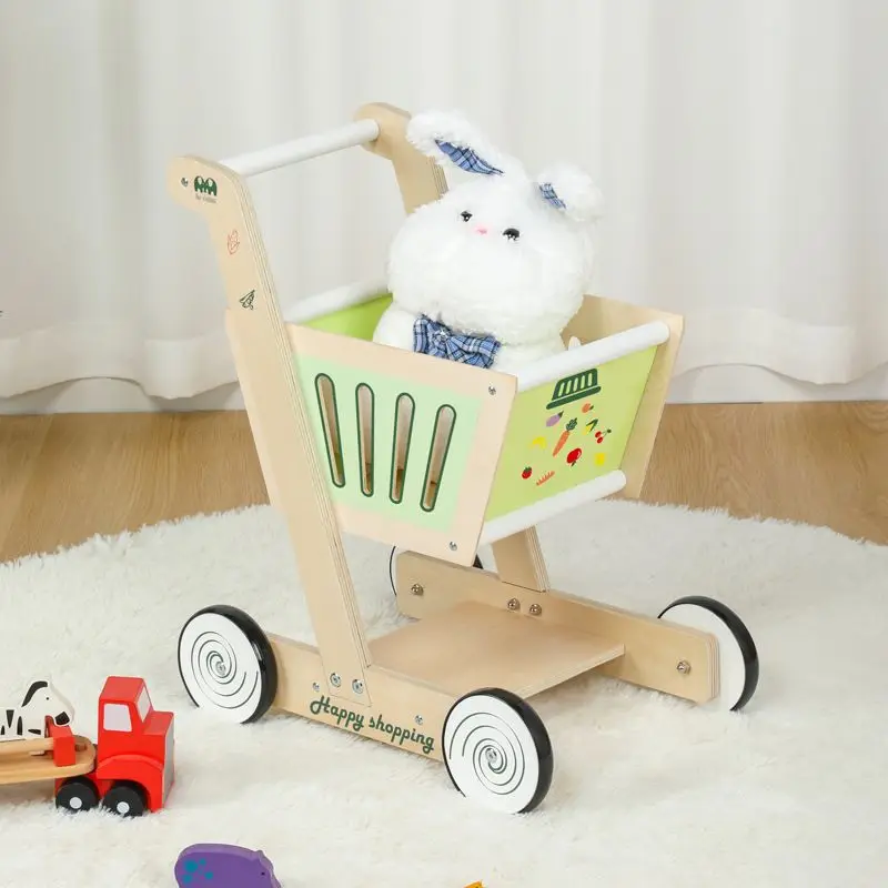 Colorful Shopping Cart Wooden Household Toys Baby Stroller Three Colors Trolley Toddler Cart