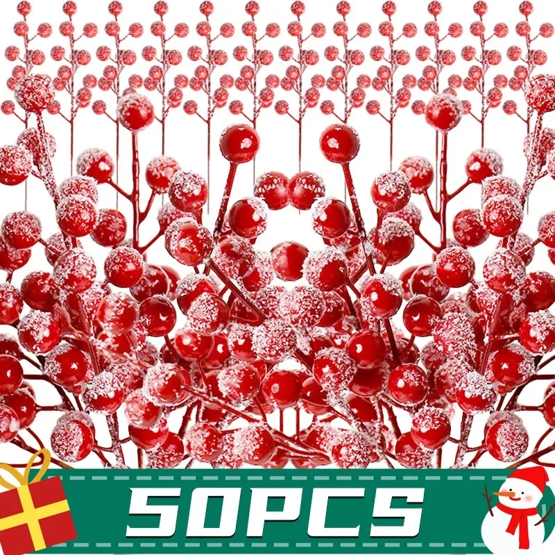 พวงมาลาเบอร์รี่เกล็ดหิมะสีแดงขนาด50/1ชิ้นเบอร์รี่ประดิษฐ์วันคริสต์มาสต้นไม้คริสต์มาสของตกแต่งงานเลี้ยงปีใหม่พวงหรีดผลไม้ปลอมแบบทำมือ