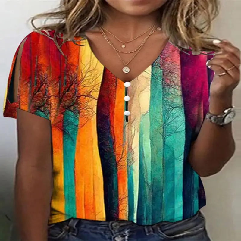 Top de manga corta con cuello en V para mujer, estampado de bloques de colores, talla grande