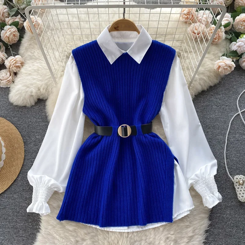 2024 Light Luxury Ladies Dress Set Women\'s Loose Long-sleeved White Shirt Top + Slit Knitted Vest Vest Two-piece Set A646