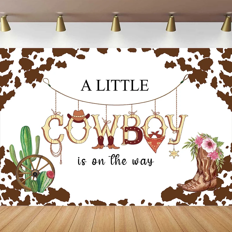 

Cowboy Baby Shower Photography Backdrop Western Rustic Rodeo Hat Cactus Boots Cute Brown White Cow Skin Flowers Plant Background