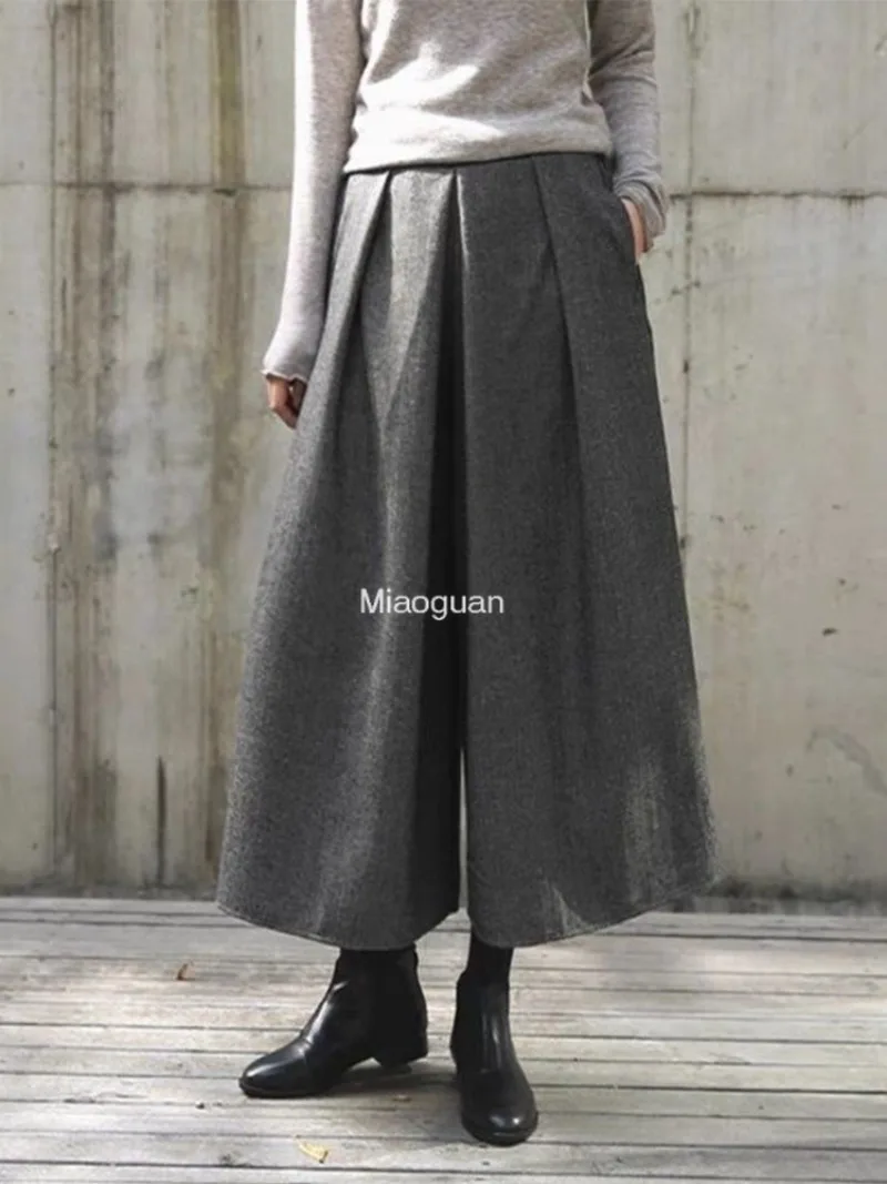 Woolen Wide Leg Pants Women Street High Waist Loose Fashion Female Pant Skirts 2024 comfort  Autumn Winter Thicken Lady Trousers