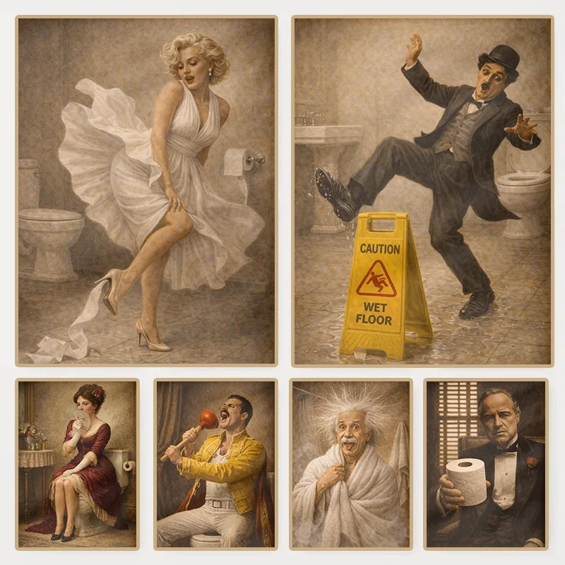Vintage Celebrities in Toilet Humour Poster Woman White Dress Einstein Chaplin Godfather Funny Wall Art for Bathroom Home Decor