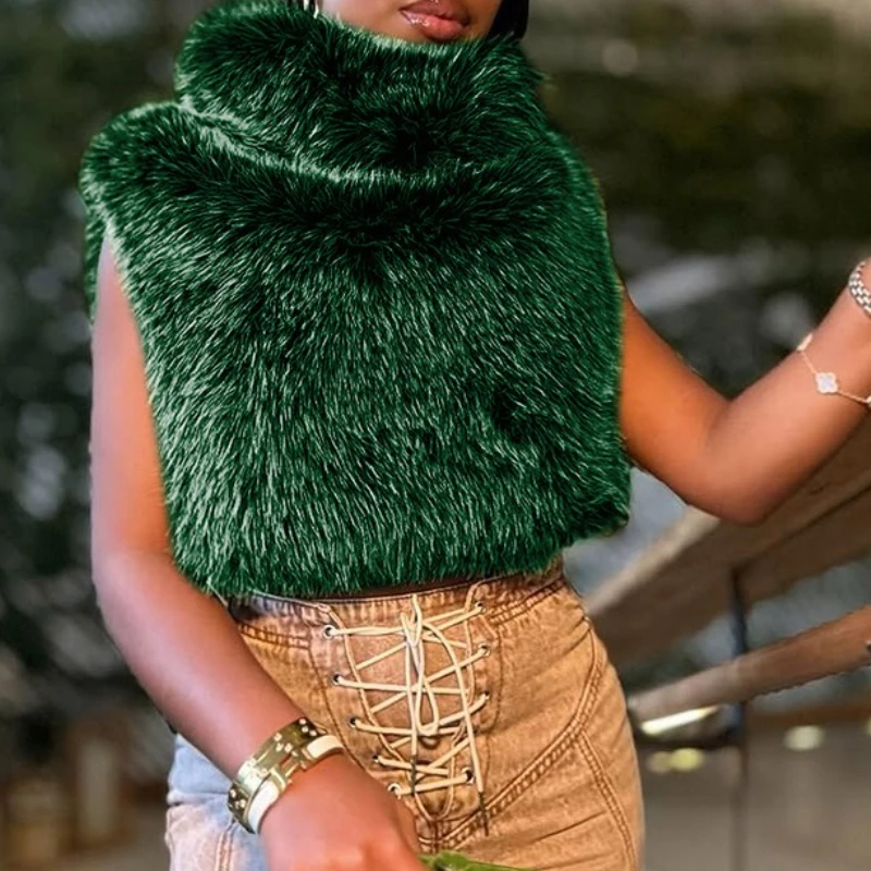 

Sexy Women Faux Fur Waistcoat Vest New Half High Collar Side Hollow Chain Warm Sleeveless Tops Outerwear Streetwear 2025 Winter