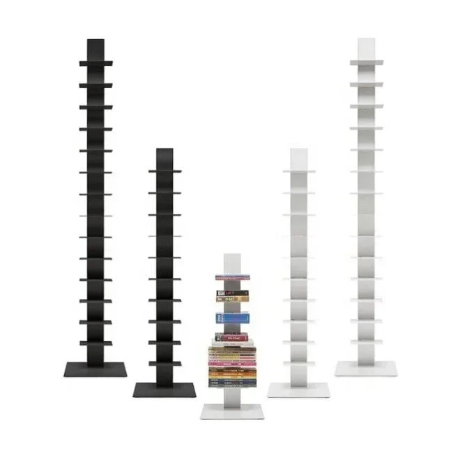 Black white 11 tier floor standing metal vertical bookshelf book tower bookcase