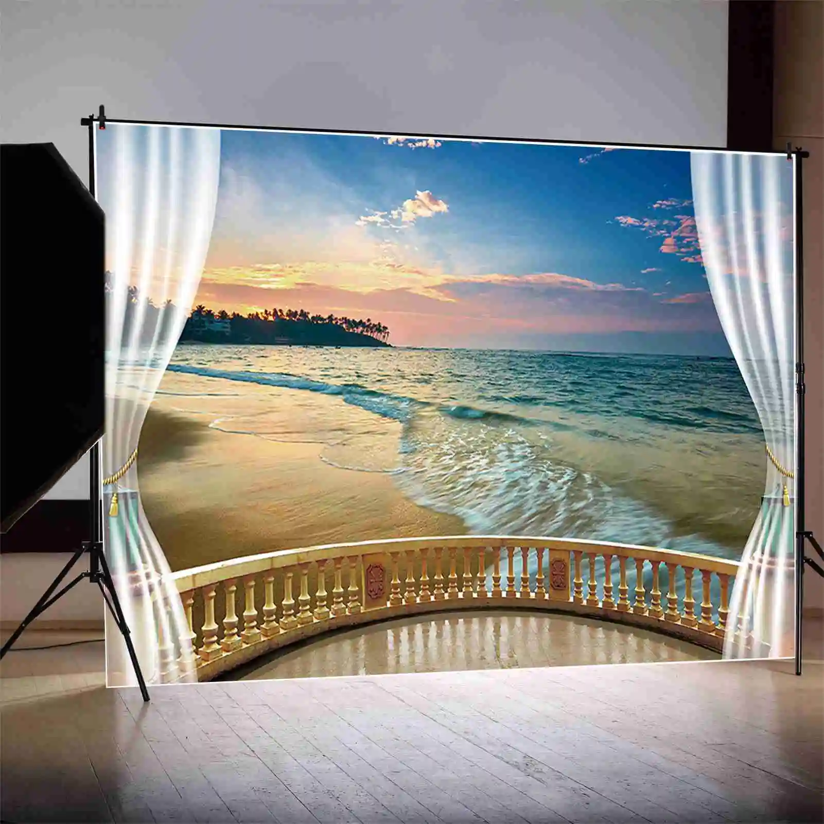 MOON.QG-Pôr do sol nuvens ondas de fundo para homens, praia e férias, cortina branca, oceano e beira-mar, festa personalizada fotocall suprimentos