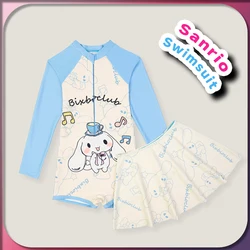 Kawaii cinnamoroll Girl Swimsuit Sanrio Anime 2024 new Summer Children Long Sleeve Bathing Suit Fashion One Piece Swimwear