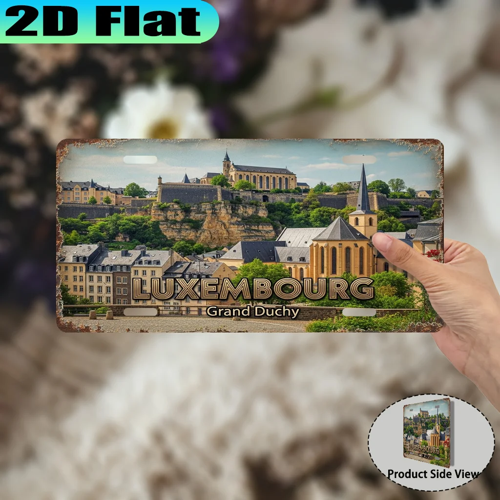 2D Flat, Luxembourg Vintage Aluminum Sign , Retro City Style Suitable Study Room Walls and Living Room Decoration