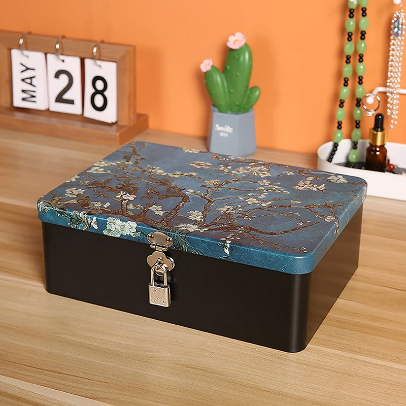 Caja de Metal Vintage para almacenamiento de joyas, caja vacía de hojalata de gran capacidad con llave de cerradura, estuche de almacenamiento de escritorio
