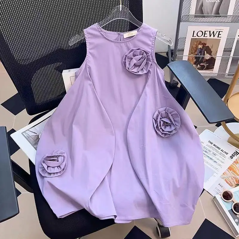 Girl's Sweet Vest Dress Solid Color Dress Summer Children Three-dimensional Rose Decal Casual Dress