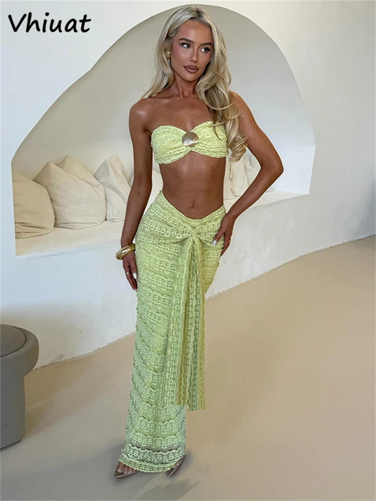 

Vhiuat Elegant 2 Pieces Dress Set Women Fashion Matching Sets Strapless Matching Sets And Long Skirt Outfit Beach Wear 2025