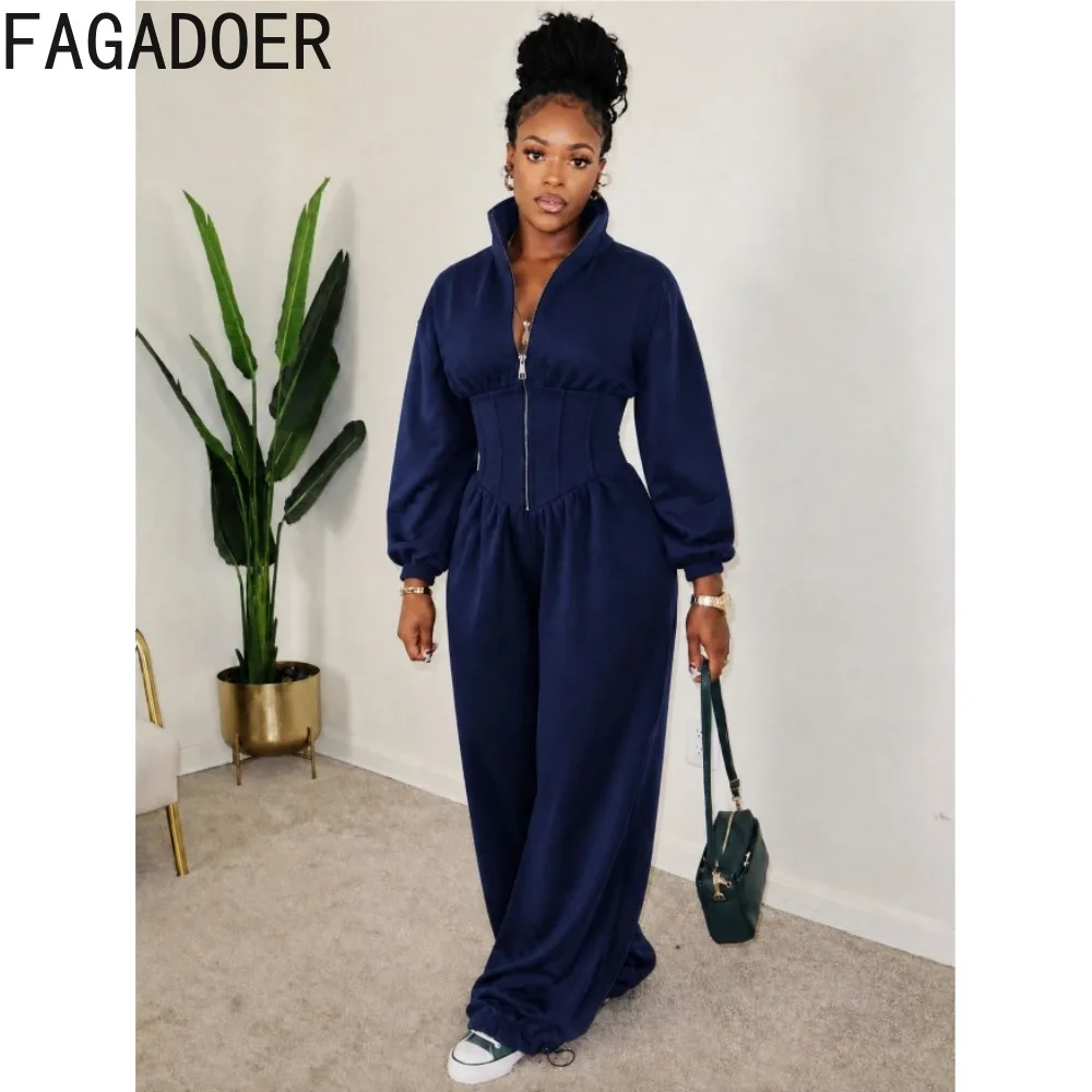 FAGADOER Women Waist Cinched Wide Leg Jumpsuit Long Sleeve Zip Up Adjustable Hem Casual Streetwear Slim Fit One Piece Outfit New