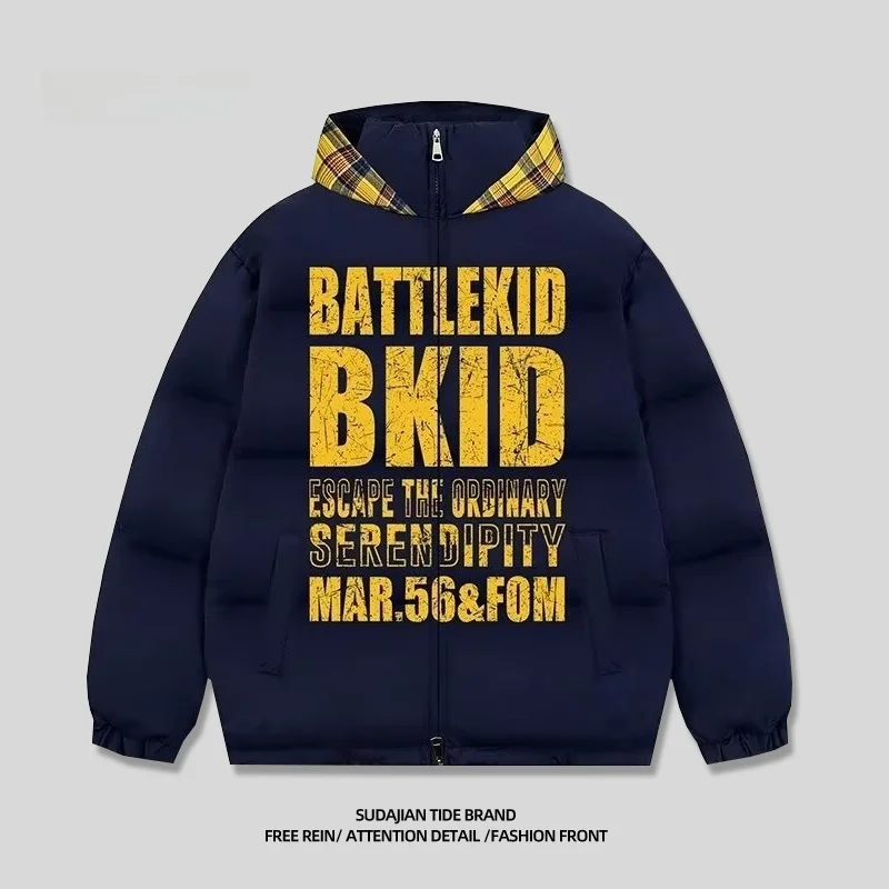 

Warm Cotton Jaet Hooded Plaid Loose Fit Men's Women's Couple's Winter Faion Brand Spot Lettering Coat Youth ular Sle