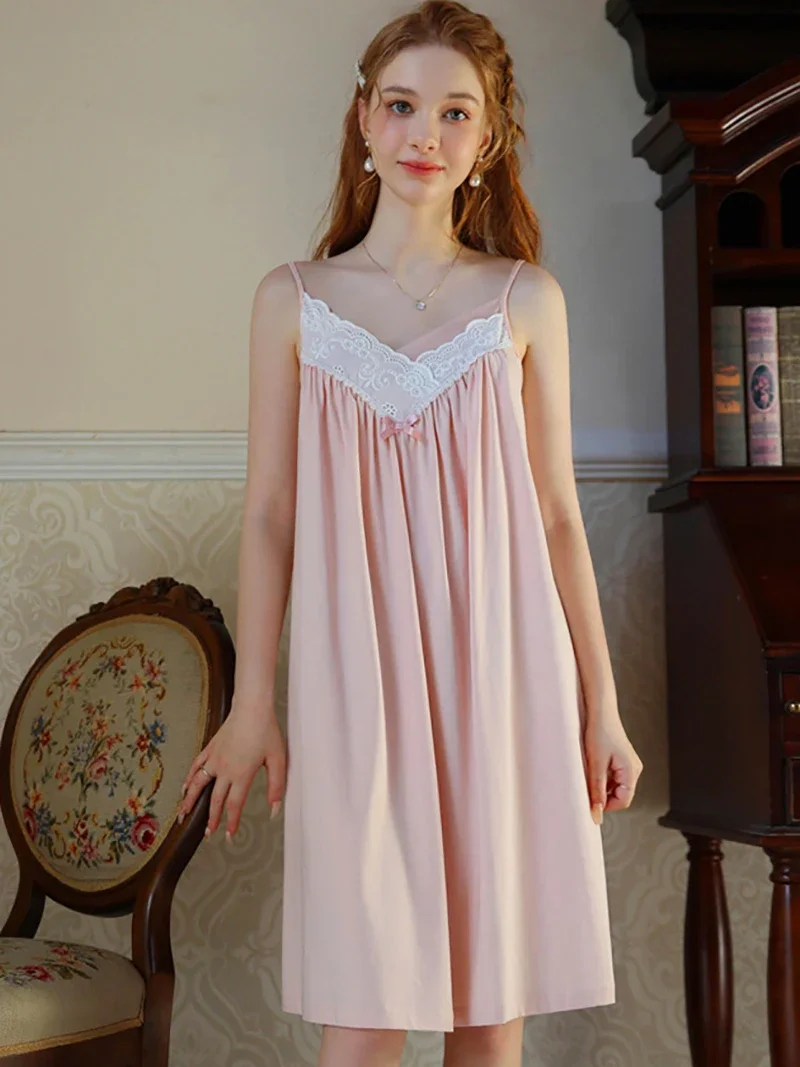 French Princess Nightwear Sleepwear Camisole Sweet Girls Cotton Sexy Backless Summer V-Neck Fairy Victorian Nightgowns for Women