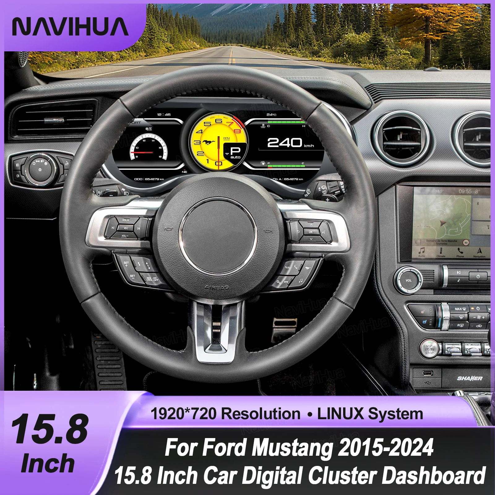 

15,8-дюймовый цифровой приборный кластер для Ford Mustang 2015-2024, одометр, тахометр, приборная панель, поддержка HD-экрана