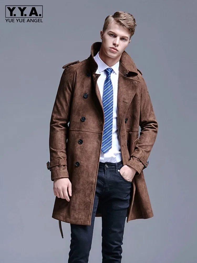 Business Men Autumn Work Faux Suede Leather Double Breasted Trench Coat Fashion Belted Slim Fit Windbreaker Overcoat Size S-6XL Business Men Autumn Work Faux Suede Leather Double Breasted Trench Coat Fashion Belted Slim Fit Windbreaker Overcoat Size S-6XL