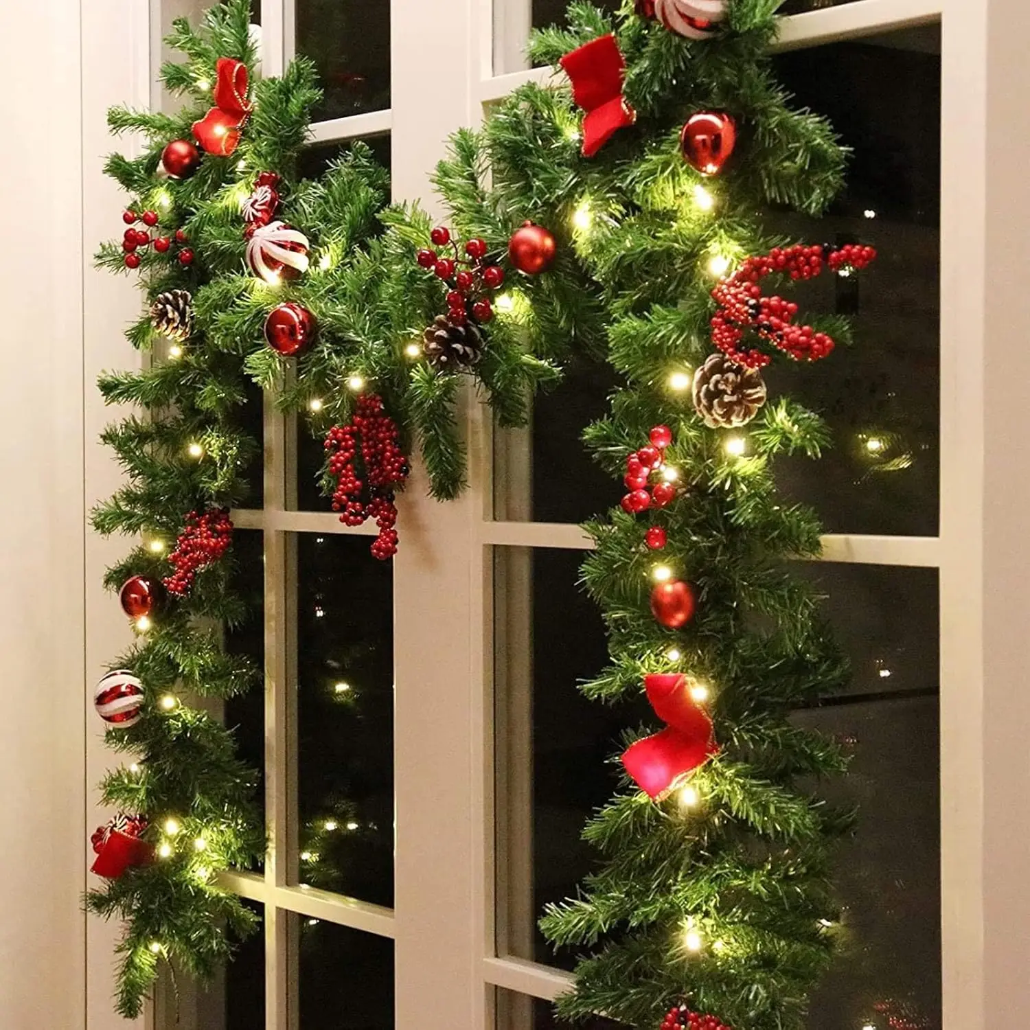 

9-Foot LED Christmas Garland – Pre-Lit with 50 Warm White LEDs | Adorned with Pinecones, Red Berries, Bows, Ornaments