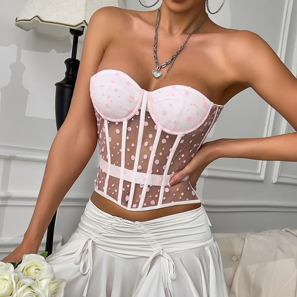 summer-elegant-sexy-hot-sale-spicy-girl-top-women's-polka-dot-solid-color-fishbone-waist-shaping-tube-top-vest-street-style