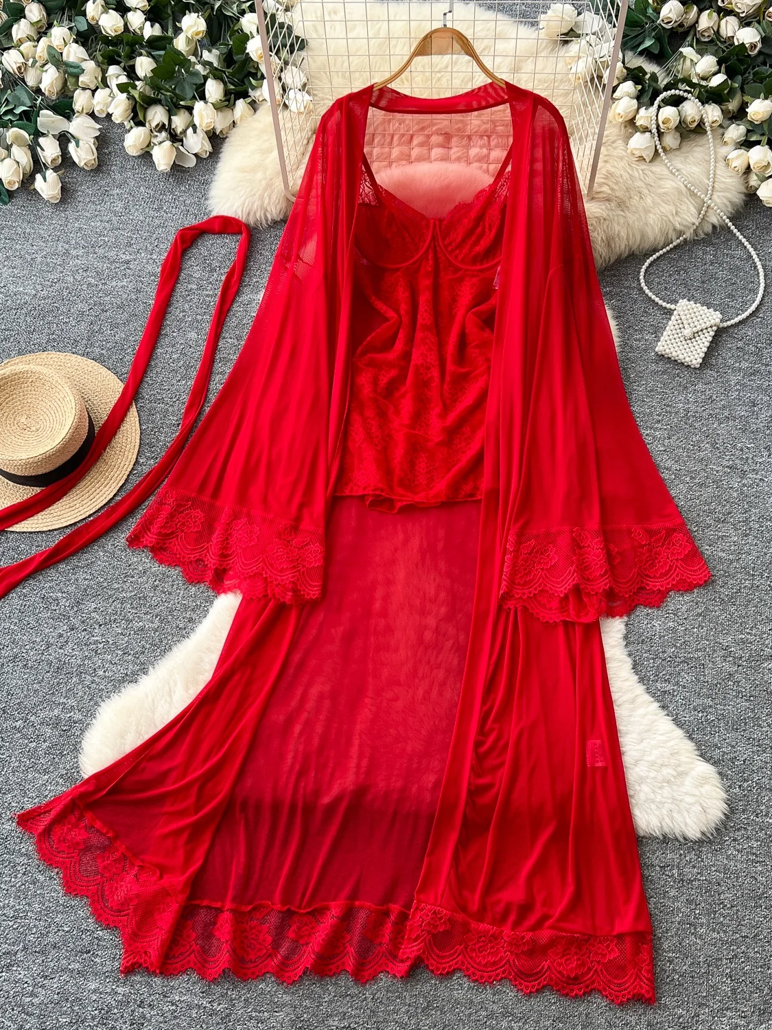 Red Lace Strap Dress Two-Piece Set Women's Long Sleeve Cardigan Outerwear Slimming Robe Set High-End Feelings Fashionable Ens...