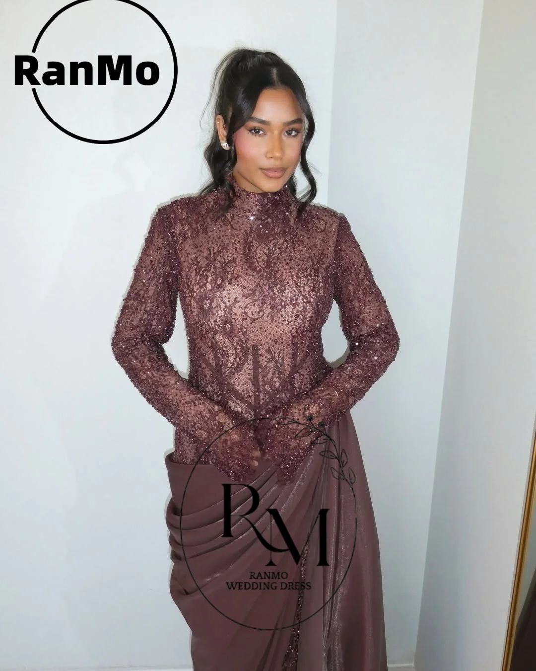Ranmo Customized Luxury 2026 Dubai Lace Evening Gown Long Sleeve High Neck Beaded Prom Dress Mother of the Wedding Party Gown
