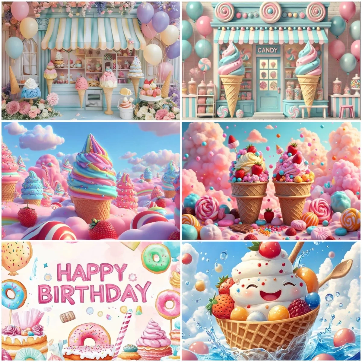 

Colored Ice Cream Candy Theme Backdrop Party Ice Cream Truck Decorations Background Girl Baby Pink Photography Banner Kids Gift