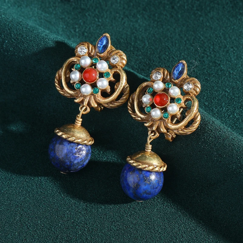 

Vintage Lapis Lazuli Blue Earrings Woman Drop Flower Antique Gold Color Luxury Quality Jewelry Retro Accessories Wedding Party