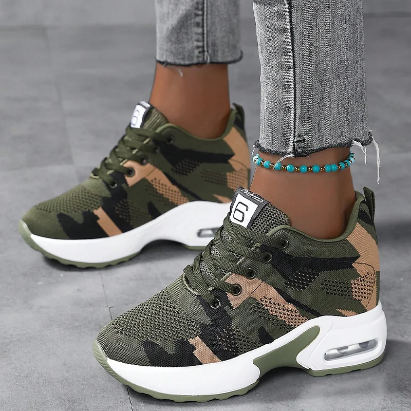 Women Height Increase Sneakers Air Cushion Running Sport Shoes Femal Mesh Breathable Flat High Heel Shoes Camouflage Green Shoes