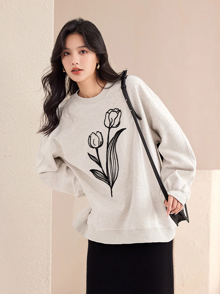 Women Sweatshirt 2024 Autumn Fashion Print Round Neck Long Sleeve Loose Hoodies Lazy Style Casual Pullover Tops