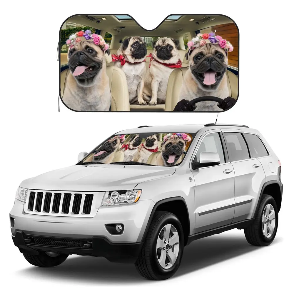 Pug Wear Wreath Driving Car Interior Front Windshield Sun Shade,Auto Accessories Sunshade for Truck SUV- Blocks Uv Rays Protect