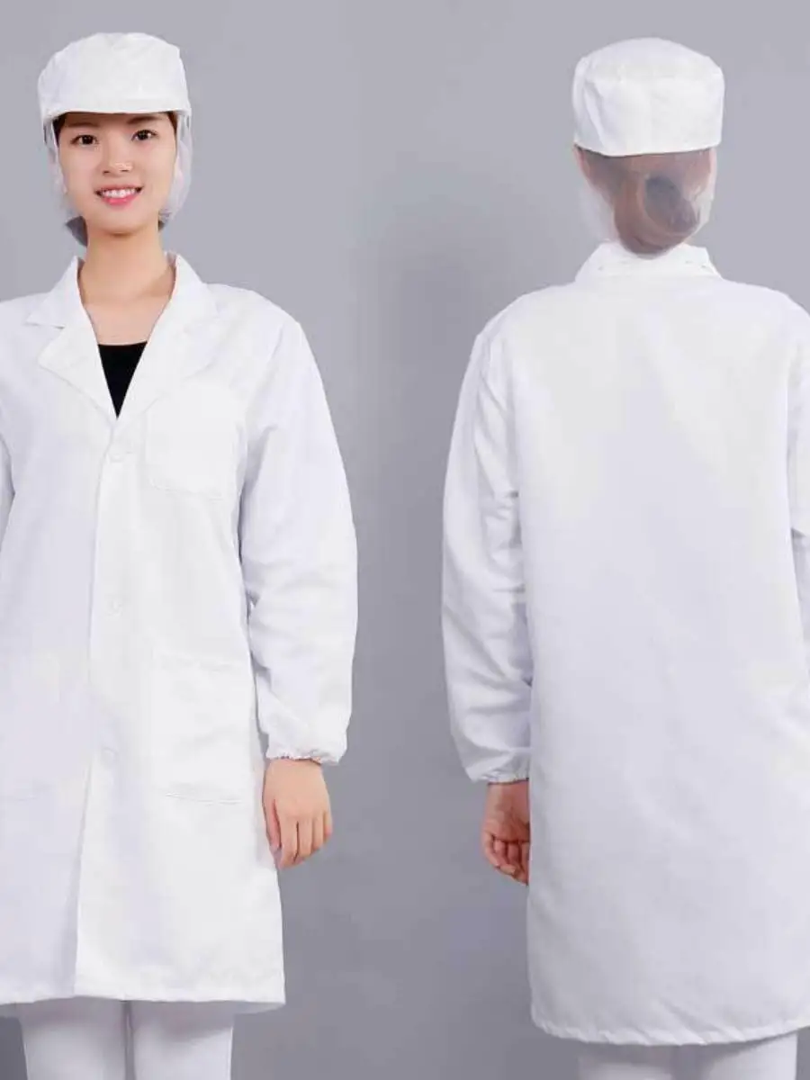 

Белый лабораторный халат, рабочая форма, костюм повара, сетчатая шапочка, длинный рукав, женская и мужская модель, для пищевой промышленности, кондитерских, салонов красоты, летний вариант