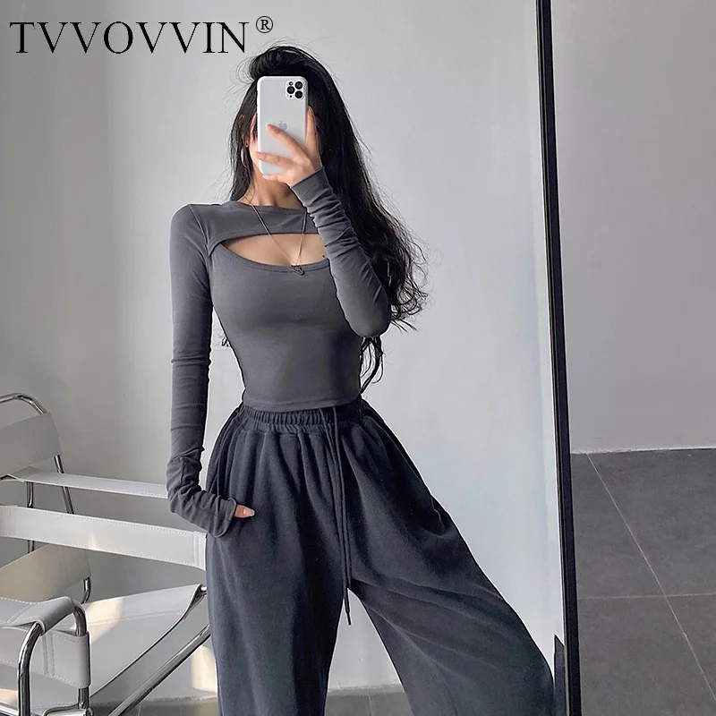 TVVOVVIN Spring Autumn Clothing Round Neck Long Sleeve European Sexy Hollow Out Chest Short Skinny T-shirt Women FYYR