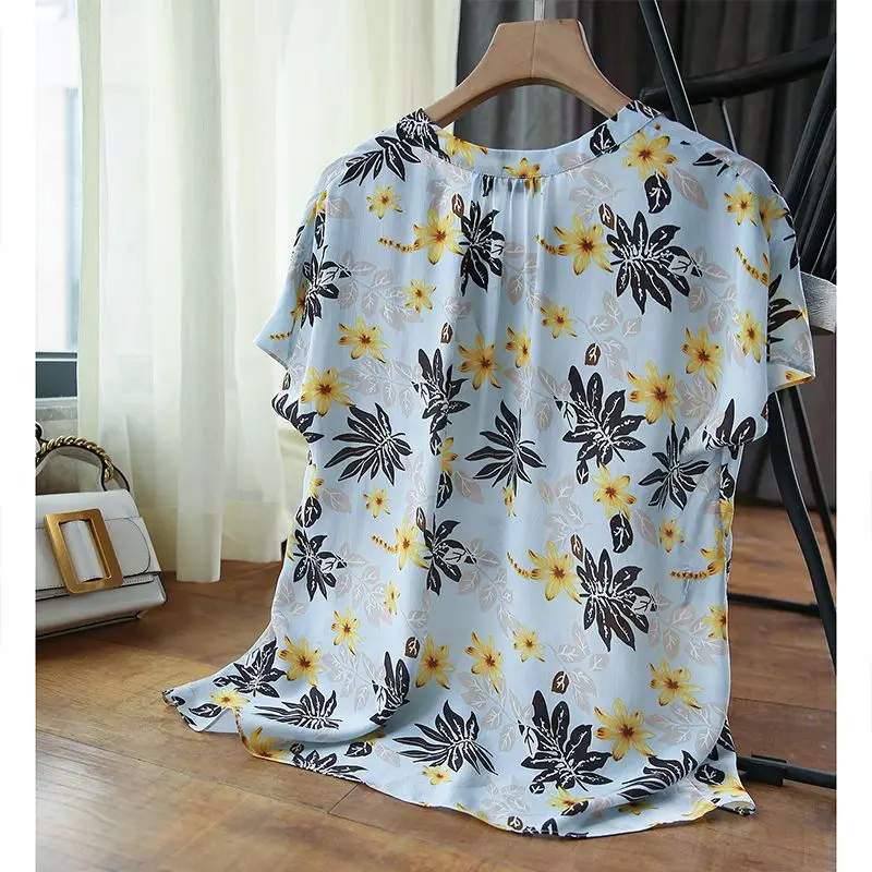 Fashion V-Neck Short Sleeve Printed Chiffon Blouses Women's Clothing 2025 Summer New Loose All-match Tops Commuter Shirts