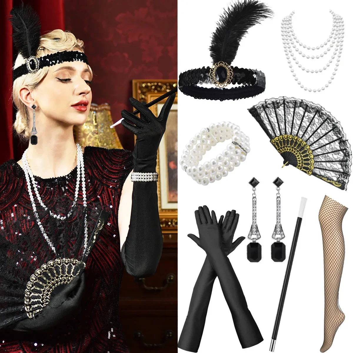 1920s flapper gatsby festa bandana longo luvas pretas colar de pérolas brincos conjunto de jóias titular cigarro acessórios traje