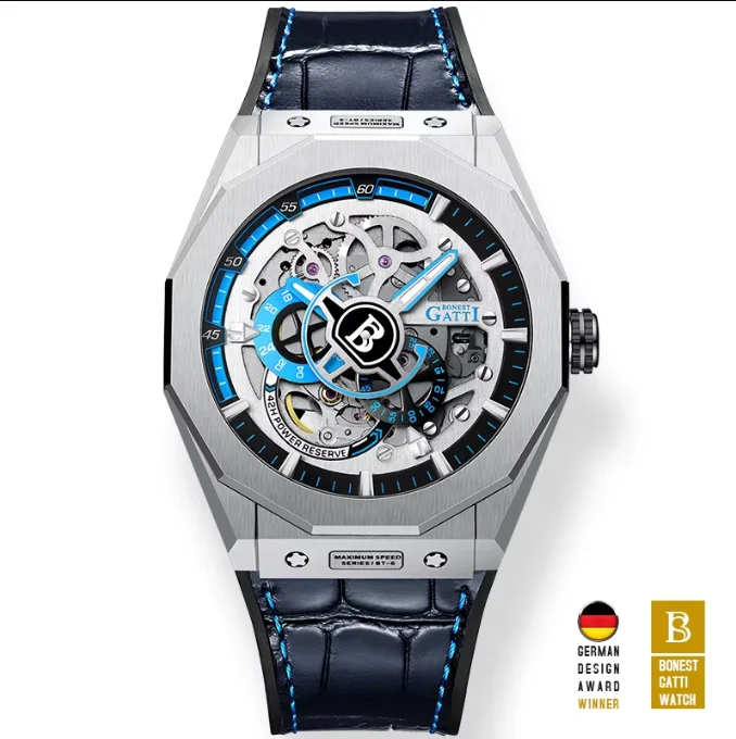 

BONEST GATTI Men Automatic Watch Fashion 42mm Mechanical Wristwatch Skeleton Dial 50M Waterproof Luminous Sapphire Mirror