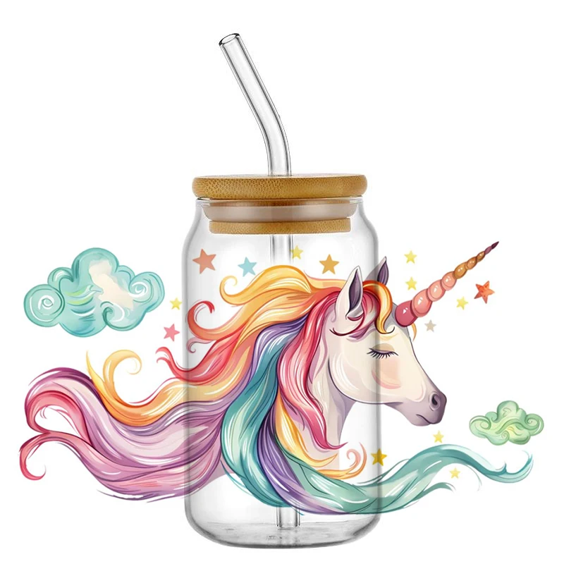 Unicorn 16OZ UV DTF Cup Wraps Transfer Sticker for Glass Libbey Can Bottle Selfadhesive Washable DIY Custom Mug Sticker