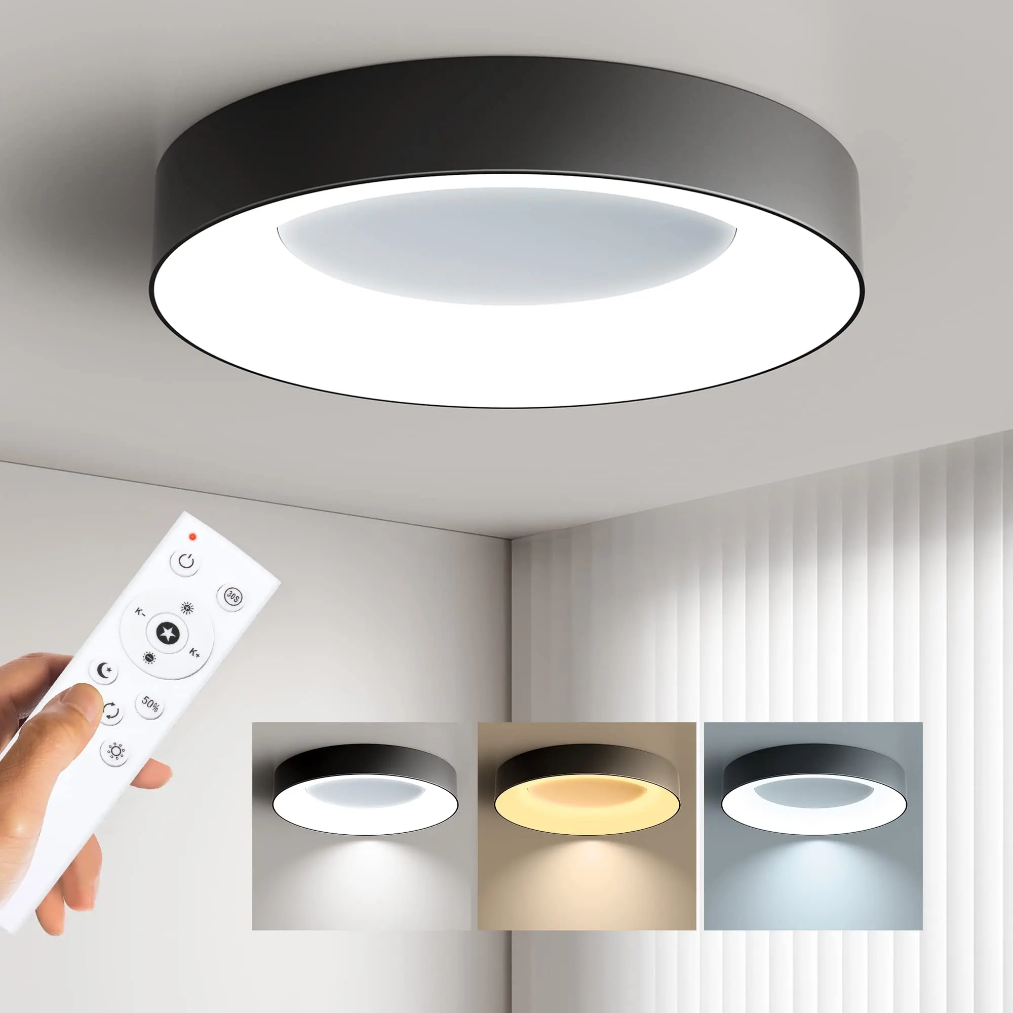 LED Flush Mount Ceiling Light with Remote Control, 24W 3000K-6500K Dimmable Ceiling Light Fixture, Modern Led Ceiling Lights