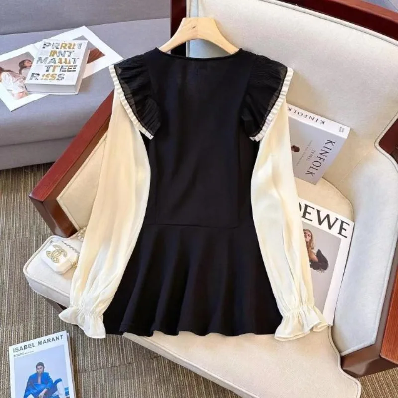 Women's 2024 Spring New Fashion Versatile Spliced Ruffles Fake Two Piece V-neck Long Sleeve Belted Button Pullover Shirts Tops