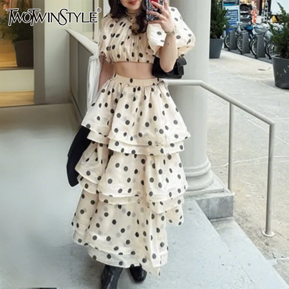TWOTWINSTY Polka Dot Two Piece Set for Women O Neck Short Sleeve Top High Waist Temperament Skirt Sets Female