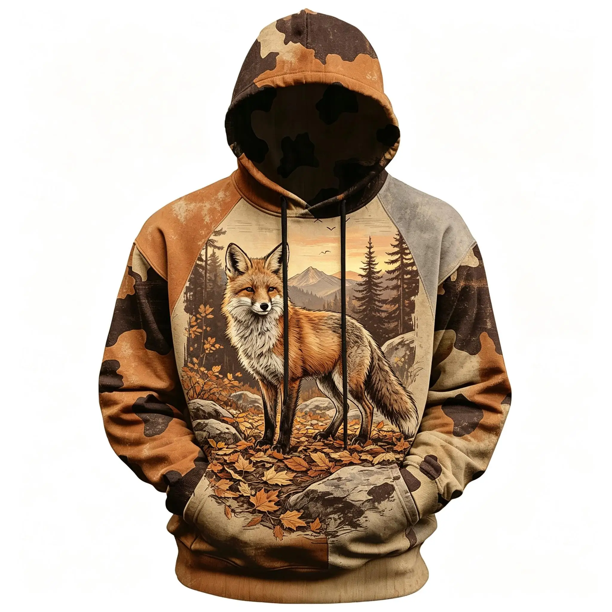 Men's Fox Autumn Forest Camo Splice Full Print Hoodie Long Sleeve Pullover Sweatshirt For Nature Outdoor Streetwear
