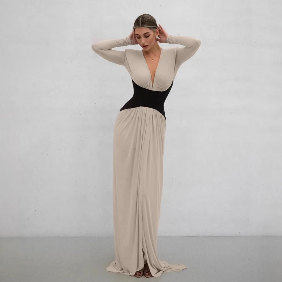 

Сексуальное платье с глубоким V-образным вырезом, контрастными вставками, длинными рукавами, модное элегантное вечернее платье в пол.