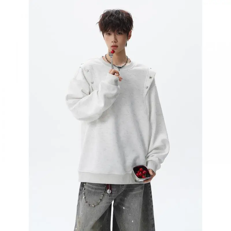 Unisex  Acid Wash Sweatshirt Couple Streetwear Star Rivet Pullover Hip Hop Boyfriend Style Long Sleeve Top Autumn Winter Clothes