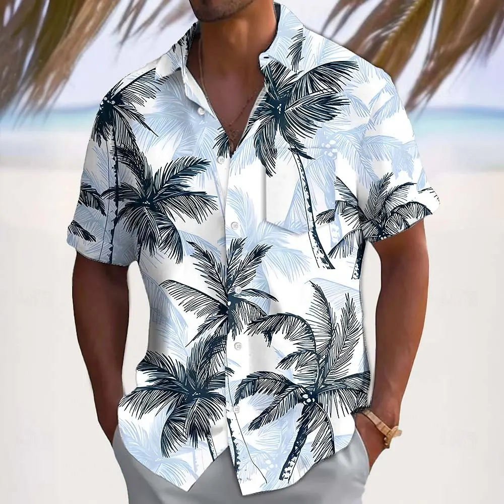 

2026 Fashion Men's Coconut Tree Tropical Plants Summer Hawaiian Shirt Button Up Shirt Aloha Shirt Short Sleeve Front One Pocket