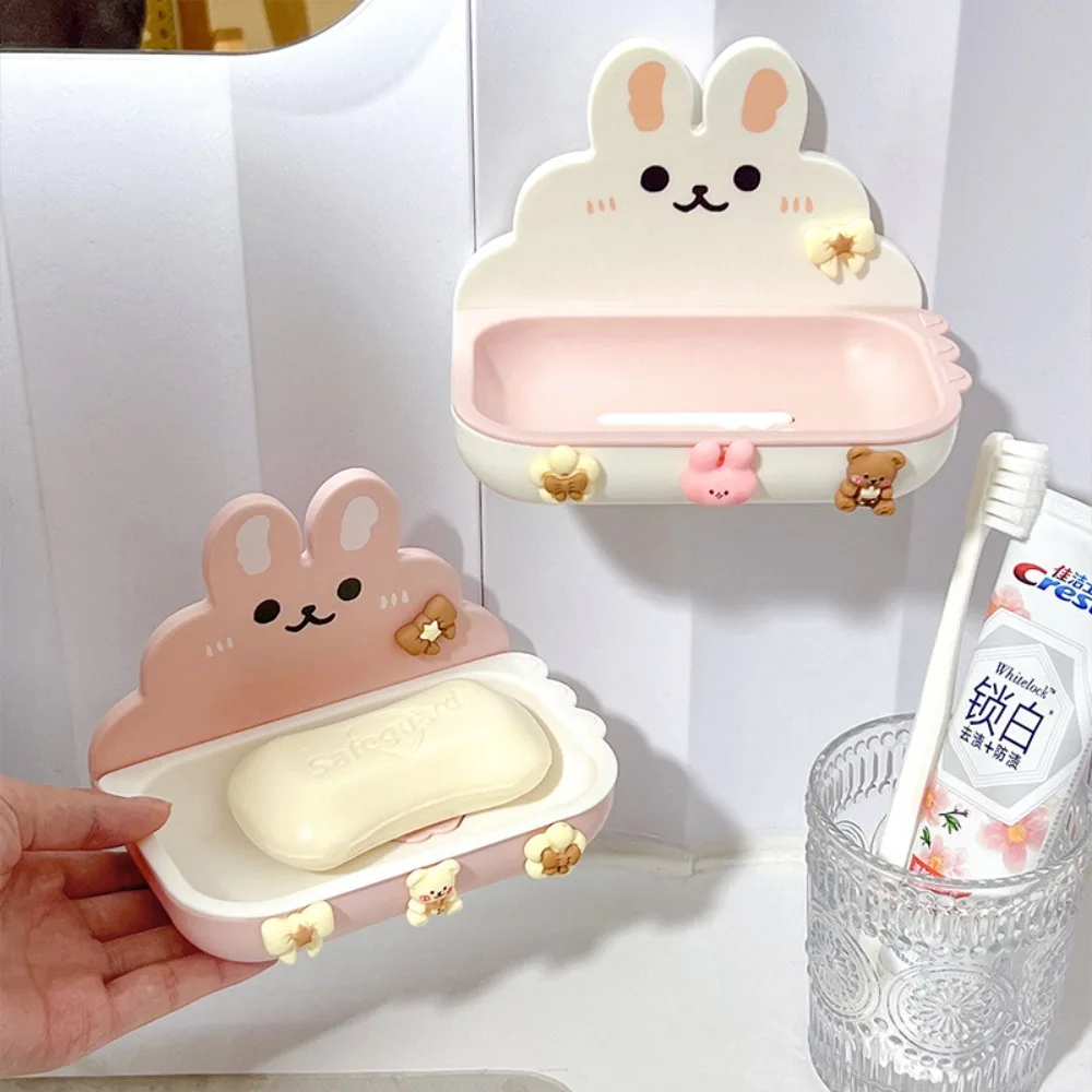 Cartoon Rabbit Wall Mounted Soap Box with 3D Paster No Drilling Soap Dish Holder Waterproof Self Adhesive Soap Storage Tray