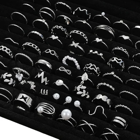 64 szt Srebrny kolor Geometryczny zestaw pierścionków na środek palca dla kobiet Serce Krzyż Liść Perła Urok Pierścionek na palec Biżuteria damska Boho Party